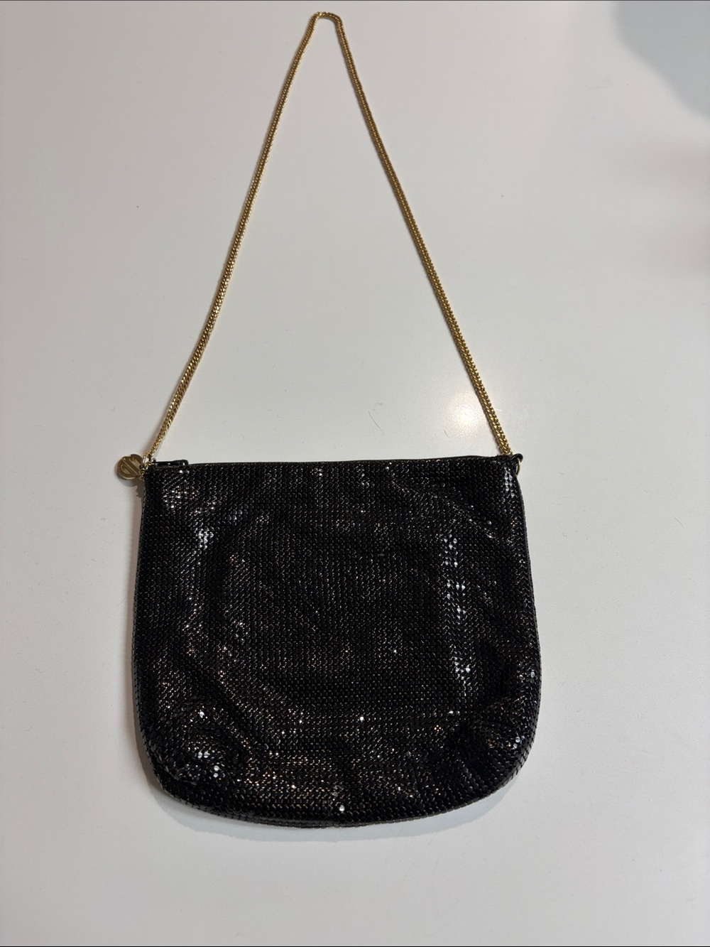 Whiting & Davis Black Sequin Crossbody with Gold Chain